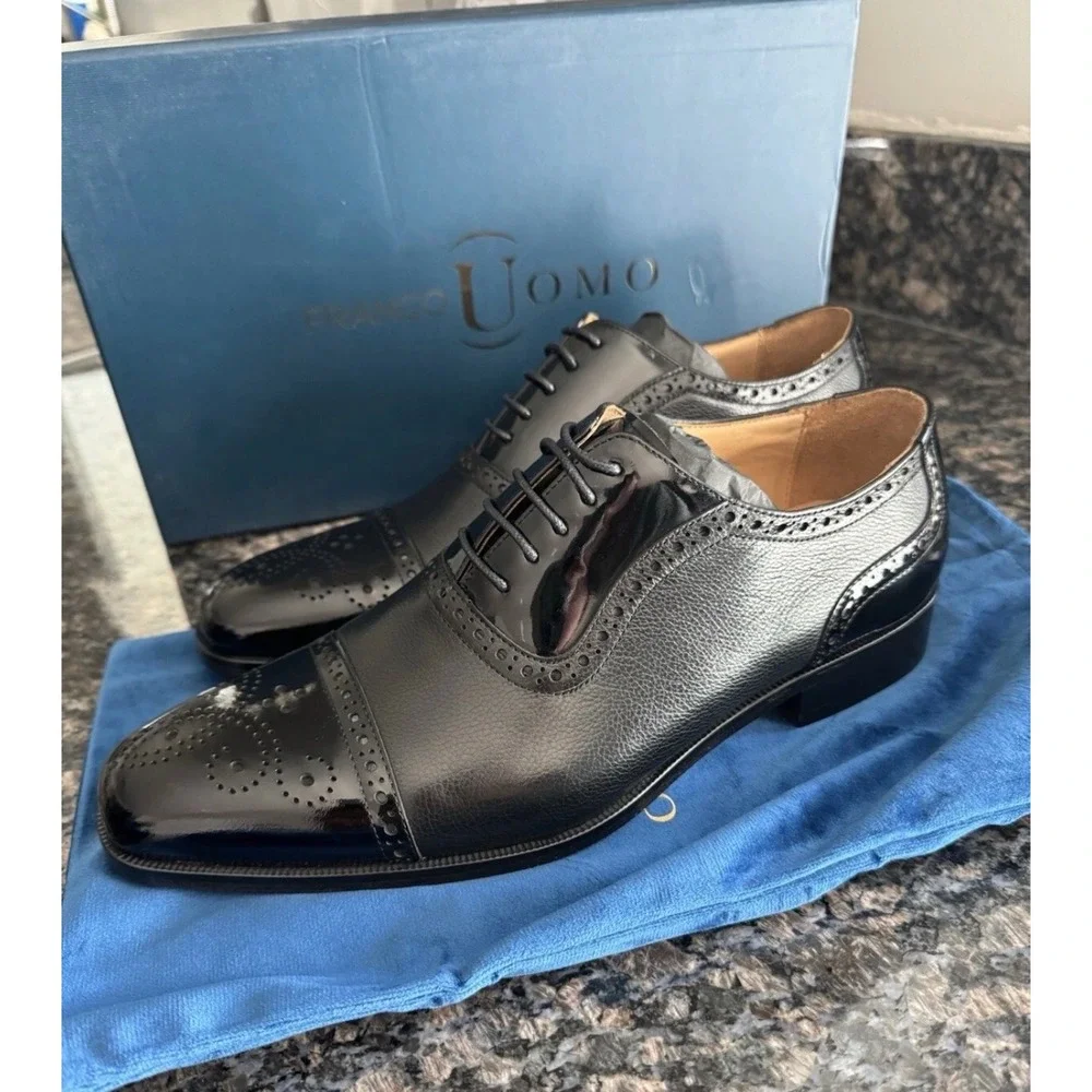 Franco Uomo Mens Ike Black Leather Brogue Oxford Dress Shoes PE388-B558 Size 8